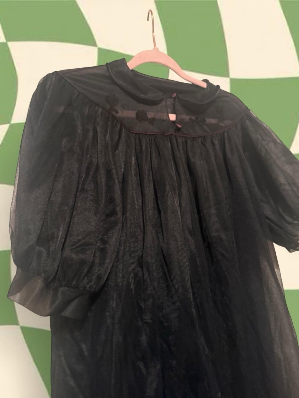 60s Vintage Nylon Floral Embroidery Black Puff-Sleeve Nightdress - Picture 4 of 7